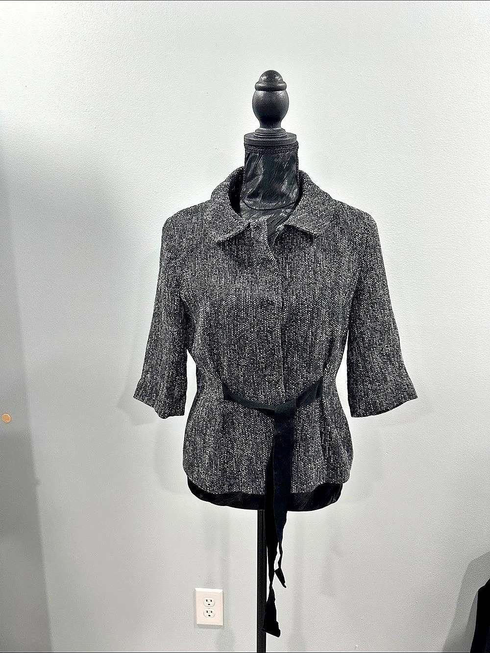 Talbots Textured Belted Jacket in Black & Silver Size 8